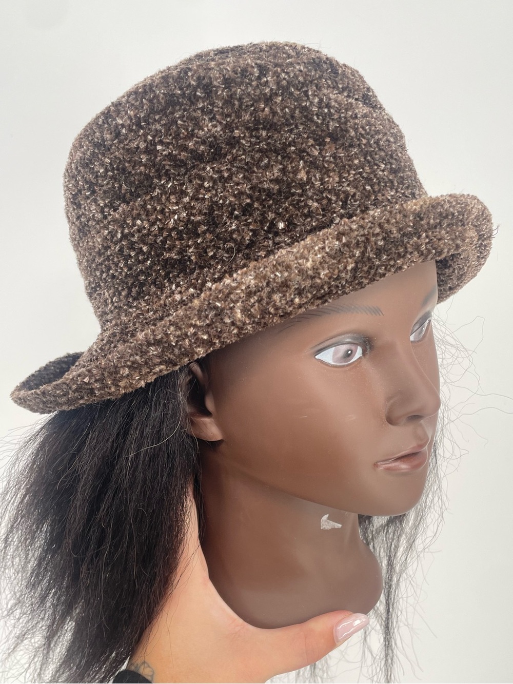 Brown Vintage Crocheted Rolled Edge Winter Fall Hat Neutral Bucket Hat